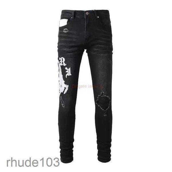 Vêtements de créateurs Amires Jeans Pantalons en denim High Street Amies Marque de mode 881 Tête de gorille noire Broderie Trou élastique Slim Jambe droite Hommes Distre 1U0B