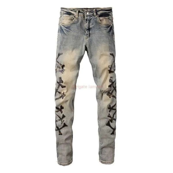 Ropa de diseñador Amires Jeans Pantalones de mezclilla Amies High Street Camuflaje Hueso con cuchillo de cuero Agujeros cortados lavados en jeans viejos Mens496