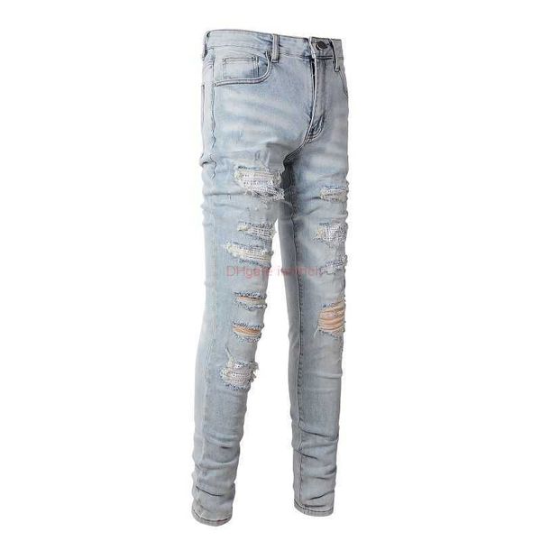 Ropa de diseñador Amires Jeans Pantalones de mezclilla Amies Ripped Jeans 6808 Marca de moda Diamond Inlaid Mens Denim Light Blue White Diamond Elástico Slim Fit Pantalones de mujer Dis