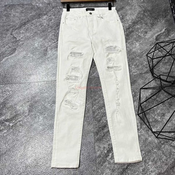 Designer Clothing Amires Jeans Denim Pants High Street Fashion Brand Amies White Diamond Hole Patch Jeans for Mens Youth Elastic Slim Fit Small Feet Pants Distressed