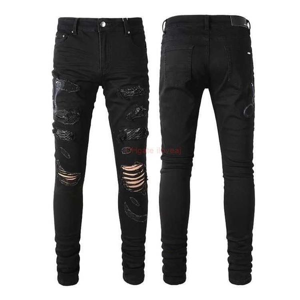 Vêtements de créateurs Amires Jeans Pantalons en denim Amies High Street Mode Hommes Trou cassé Noir Personnalisé Brodé Serpent Jeans Peau De Serpent Slim Fit Hommes Tendance KCF5