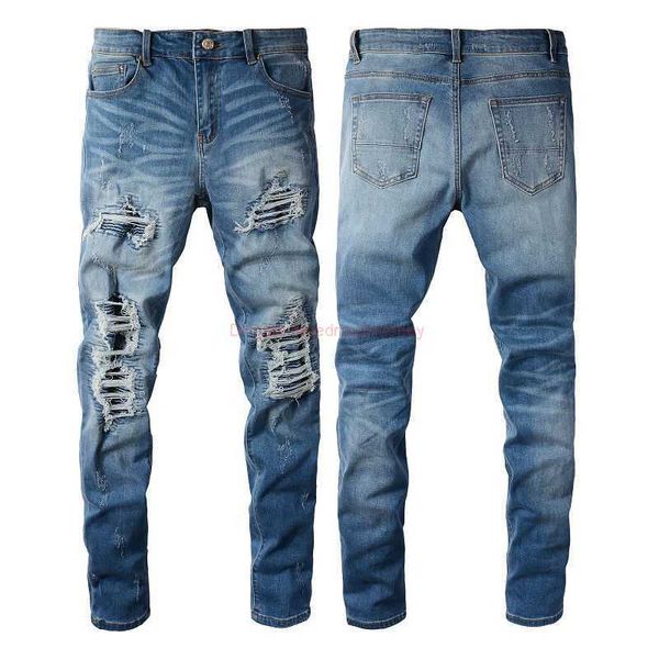 Vêtements de marque Amires Jeans Denim Pantalons Amies High Street Style Bleu clair Lavage au couteau à l'eau Couper de gros dommages Patch Minceur Élastique Jeans Marque de mode pour hommes Distr