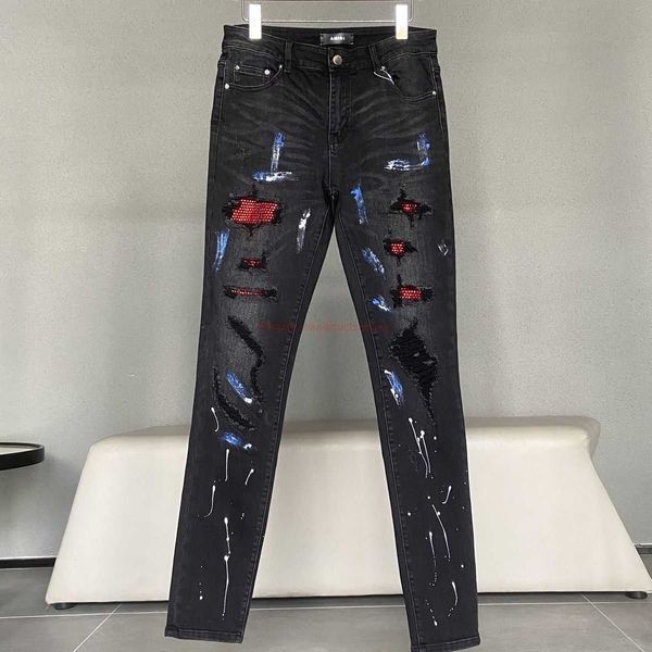 Ropa de diseñador Amires Jeans Pantalones de mezclilla Amies Red Diamond Black High Street Jeans Marca de moda para hombre Broken Hole Old Wash Slp Speckle Elástico Slim Fit Pies Distres