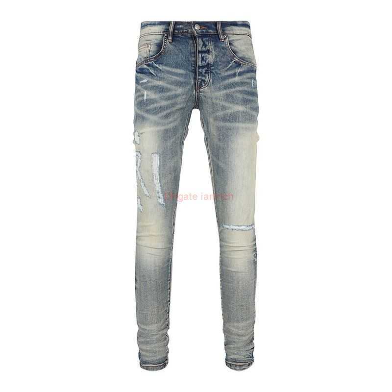 Abbigliamento firmato Amires Jeans Pantaloni in denim Amies 2023 High Street Fashion New Mens Jeans blu rotti fatti di vecchie lettere Pantaloni alla moda Ca1058 Distressed Strappato Skinny