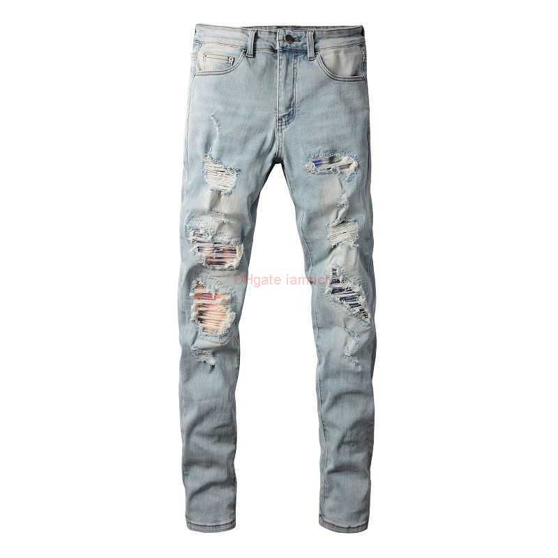 Дизайнерская одежда Джинсы Amires Джинсовые брюки Amies 23ss High Street Перфорированные красочные нашивки из старой промывной воды Эластичные облегающие джинсы Маленькие джинсы для мужчин Dist