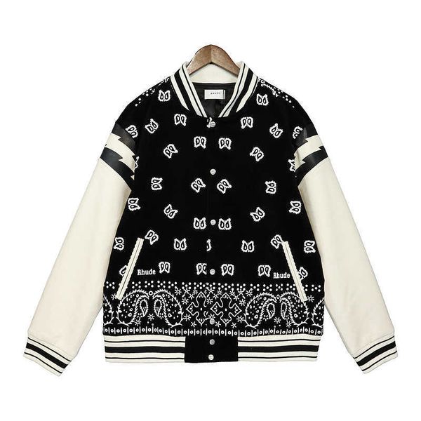 Vêtements de créateurs Manteaux décontractés Rhude 22fw Nouvelle Tendance Marque Fleur De Cajou Lightning Splice Manche En Cuir Couple Veste De Baseball Coupe-vent De Sport Streetwear