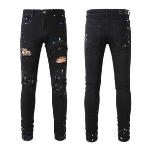 Designer Vêtements Denim Pantalons Amiiri 2023 Nouvelle Tendance De La Mode Slim Fit Petits Pieds Élastique Perforé Noir Jeans Hommes Amiiri De Luxe Distressed Ripped Skinny à vendre