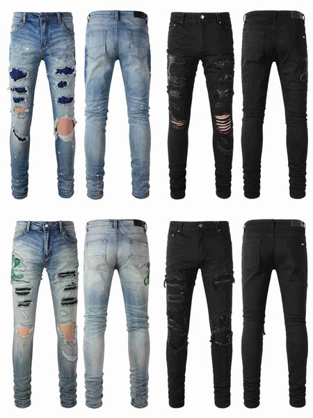 Ropa de diseñador Pantalones de mezclilla Amiiri Blue Diamond Bordado perforado Serpiente Parche Jeans Distressed Ripped Skinny Motocycle Biker Straight Rock Pantalones