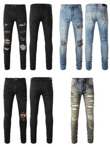 Designer Kleding Spijkerbroek Amiiri Geruit Zwart Cashew Bloem Enkele Knie Gebroken Gat Patch Jeans Distressed Ripped Skinny Moto Biker broek te koop