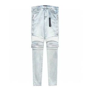 Ropa de diseñador Pantalones de mezclilla Amiiri Mx2 Azul claro Panel de la rodilla Cremallera de cuero Motocicleta High Street Style Jeans Desgastado Ripped Skinny Motocycle Biker