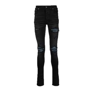 Designer Kleding Denim Broek Amiiri Trendy Merk Oud Zwart Gescheurd Gat Patchwork Leer High Street Slp Slim Fit Small Leg Jeans Heren Lange Broek
