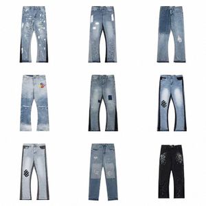 Designer Vêtements Denim Pantalons Galeries Depts Vintage Splashed Ink Trendy High Street Vibe Flared Wide Leg Fog Style Hommes En détresse Ripped Rock Hip Ho j737 #