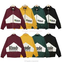 Дизайнерская одежда Модные пальто Американский модный бренд Rhude Niche Trend Лоскутная куртка на молнии с длинными рукавами и принтом букв