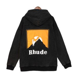 Ropa de diseñador Sudaderas con capucha Sudaderas de moda Rhude Tendencia clásica Estampado de atardecer Algodón suelto Lavado Suéter con capucha viejo Streetwear Chaqueta de jersey Hip hop