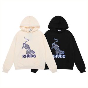 Designerkleding Hoodies Sweatshirts New Rhude Leopard Print Fashion Hooded Sweatshirt High Street American Small Unisex Loose Hoodie Streetwear Tops Te koop