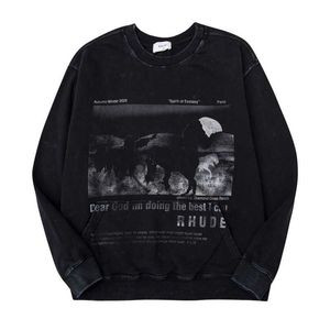 Ropa de diseñador Sudaderas con capucha Sudaderas Roaring Little Eyes Rhude Washed Vintage Texture Pony Impreso High Street Suéter suelto Streetwear Suéter chaqueta Hip hop