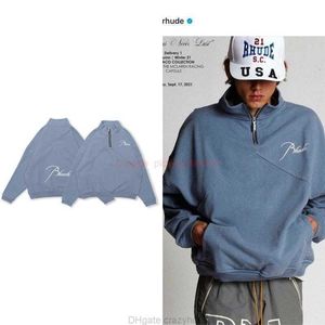 Ropa de diseñador Sudaderas para hombre Sudaderas con capucha Rhude Cápsula Media cremallera Suéter Escote pequeño Bordado Para hombre Para mujer Top Azul claro Otoño Invierno Moda Streetwe