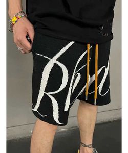 Ropa de diseñador Rhude Carta Jacquard Hilo de lana de punto Americano Cordón Suelto Casual Pantalones divididos Hombres Parejas Joggers Ropa deportiva Fitness en la playa