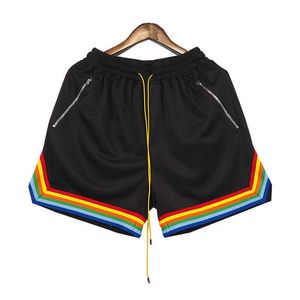 Vêtements de créateurs courts décontractés Rhude Mesh Drawstring Shorts American High Street Fashion Trend Rainbow Ribbon Loose Basketball Capris Couples Joggers Sportswear