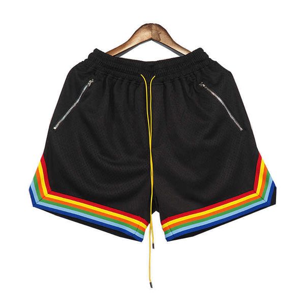 Vêtements de créateurs courts décontractés Rhude Mesh Drawstring Shorts American High Street Fashion Trend Rainbow Ribbon Loose Basketball Capris Couples Joggers Sportswear