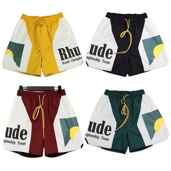 Ropa de diseñador corto casual Panel Rhude Corto Puesta de sol Impresión de letras Bloque de color Forro de malla Hombres Pantalones cortos deportivos para mujeres Parejas Joggers Ropa deportiva Suelta fitness