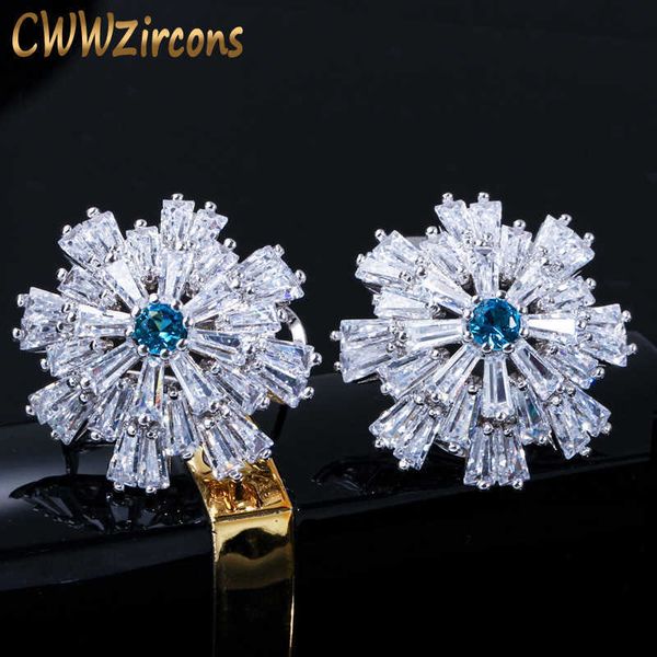 Diseñador Cluster Flower Top Quality Light Blue Cubic Zirconia Crystal Big French Clip Stud Pendientes para mujeres CZ136 210714