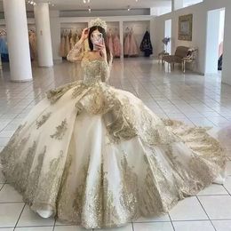 2022 Champagne kralen Quinceanera -jurken Vatiqued Appliqued Long Sleeve Princess Ball Jurk Prom Party Wear Masquerade Dress