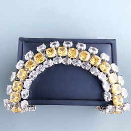 Colección de diseñador Moda Mujer elegante Señora Pulsera de cadena ancha Incrustaciones Blanco Oval Cuadrado amarillo Diamante plateado Color oro Joyería de gama alta