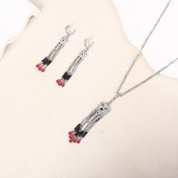 Designer Collectie Mode Stijl Oorbellen Ketting Dames Dame Inleg Volledige Diamant Luipaard Hoofd Rode Kubieke Zirkoon Peervormige Kwasten Hanger Sieradensets