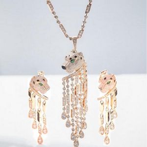Designer Collection Fashion Style Oorbellen Ketting Dames Lady Inleg Volledige diamant luipaard Hoofd Peervormige kubieke zirconia kwastjes Hangerse sieraden sets
