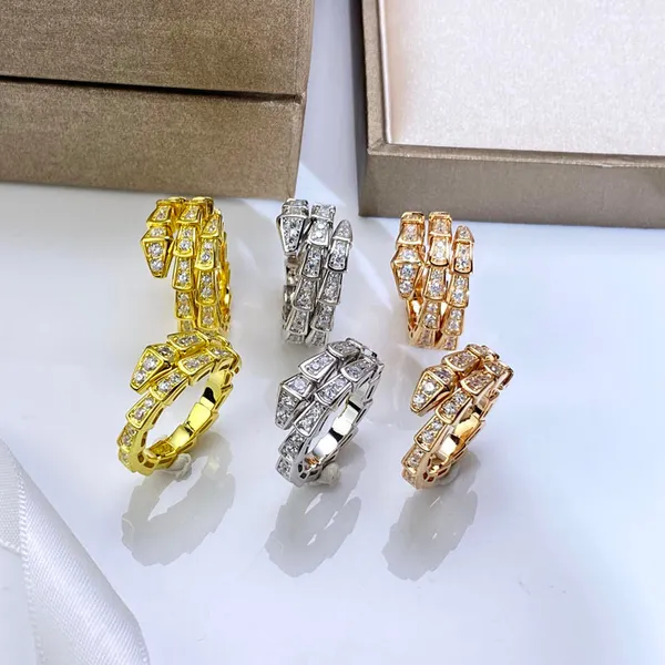 Designer Collection Fashion Style Ring Lady Femmes 925 Sterling Silver Settings Full Diamond Plated Gold Snake Serpent Viper Single Double Circles Elastic Rings