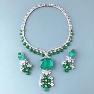 Designer Collection Party Choker Ketting Studoor oorbellen Women Lady Tassels Inlay Zirkon Diamant Synthetische Paraiba Big hanger groene kralen keten sieraden sets