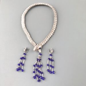 Ontwerper Collectie Stijl Etentje Choker Halsketting Oorbellen Instellingen Volle Diamant Blauwe Kralen Kwastje Hanger Slang Serpent Slangachtige Sieraden Sets