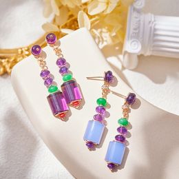 Pendientes de tuerca de estilo de colección de diseñador para mujer, con incrustaciones de diamantes, circonita cúbica, chapado en plata de ley 925, borlas de color oro rosa, cuentas moradas, gota para el oído para cena