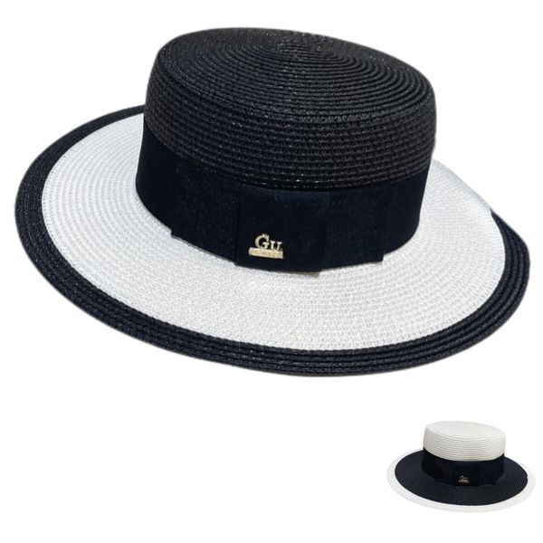 Diseñador Material de bloqueo de color Sombrero de paja tejido Ala ancha Sombrero de paja de rafia Sombrero de protección UV Gorras Fedora Summer Beach Sombrero para el sol Sombrero de paja para mujer