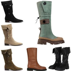 Designer Combat Boot Herfst Winter warme schoenen voor dames denim blauw legergroen kaki zwart bruin Knielaarzen outdoor laarzen eur 36-40