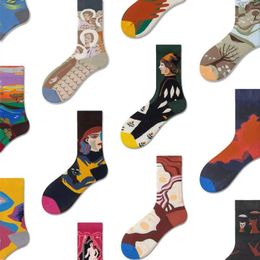 Chaussettes en coton de créateur pour hommes, femmes, chaussettes de peinture à l'huile rétro classiques Bas de basket-ball pour homme Couple mi-tube Sports Chaussettes d'hiver Hip Hop Skateboard coloré