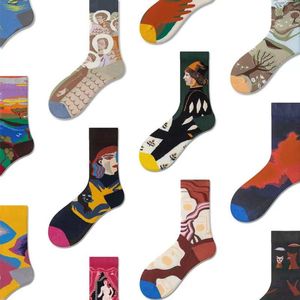 Calcetines de algodón de diseñador para hombre para mujer Calcetines de pintura al óleo retro clásico Calcetines de baloncesto para hombre Pareja de tubo medio Deportes Calcetines de invierno Hip Hop Colorido Skateboarding