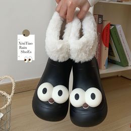 Botas de nieve negras cálidas de felpa con ojos grandes y divertidos de diseñador, botas impermeables para exteriores a la moda para mujer