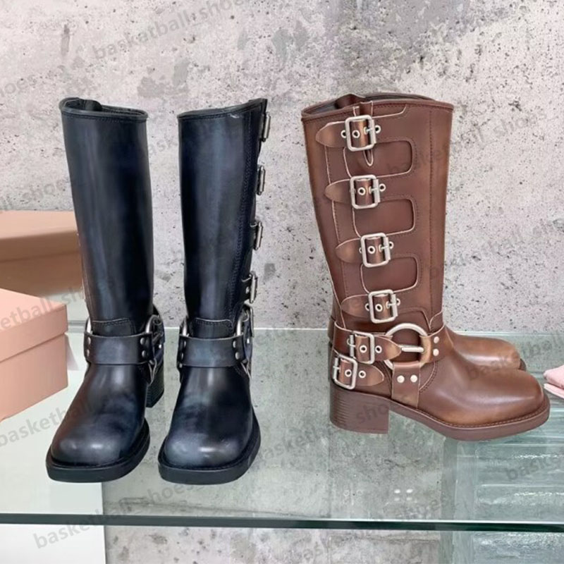 2023 Women Boots Y2k Style Brown Leather Shoes Boot Cowgirl Boots Round Toe Chunky Heel Martin Moto Buckle Biker Harness Booties