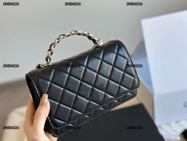 Bolso de cosméticos duradero de cuero genuino de diseñador de lujo, color negro, con elegante billetera para mujer, ranuras para tarjetas, cadena con cierre de metal, bolso cruzado, tamaño pequeño 19 * 12 cm