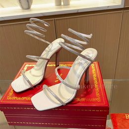 Sandalias de tacón alto con diamantes de imitación decorativos de cristal de diseñador Nuevas sandalias envolventes para mujer con tobillo de 95 mm Cleo de Rene Caovilla