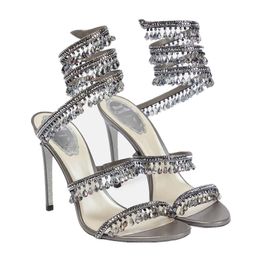 Designer Crystal Lamp Slim High Heel Sandals Chaussures pour femmes René Caovilla Cleo Rignestone incrusté de serpents à motifs à motifs de lait