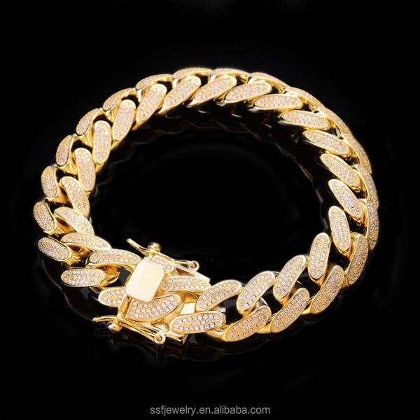 Designer Custom micro pave 14k Gold plaqué laiton Miami Moisanite Jewelry Silver 925 Cuban Link Bracelet pour hommes