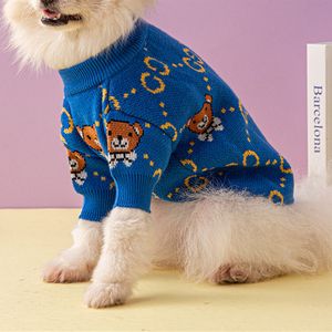 Designer donkerblauw huisdier teddybeer klassieke stippellijn gebreide jas pure katoenen winter warme kat trui hondenkleding