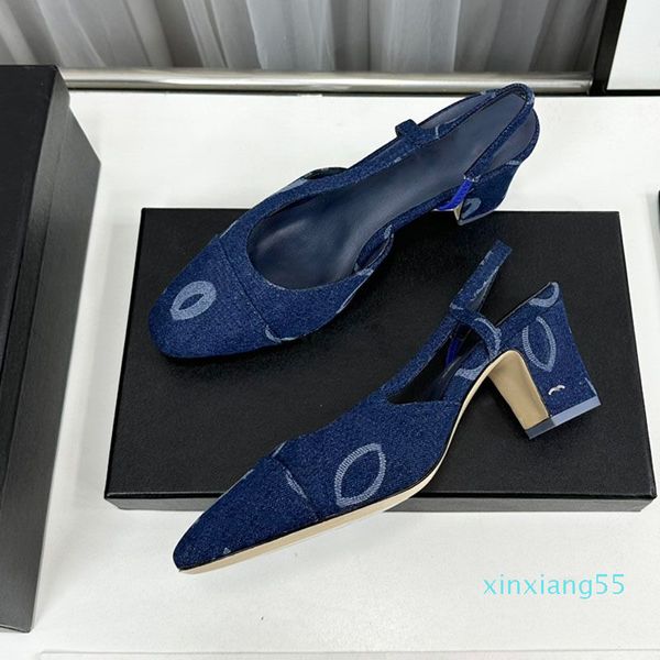 Designer denim bleu noir chunky talons basse orteils carrés sandales dames middies chaussures filles diapositives