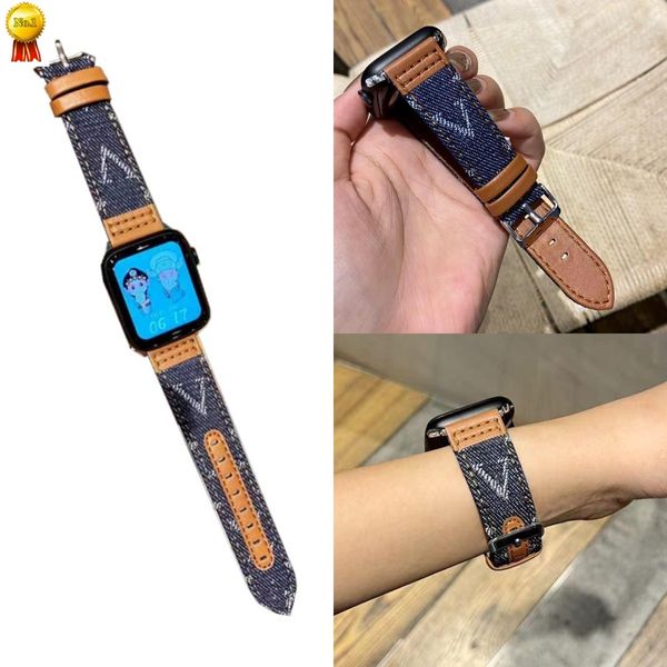 Bracelet de montre en cuir véritable en toile denim de créateur pour iWatch Series 8 7 SE 6 5 4 3 2 Bracelet pour Apple Watch Ultra 49mm 41mm 45mm 40mm 44mm
