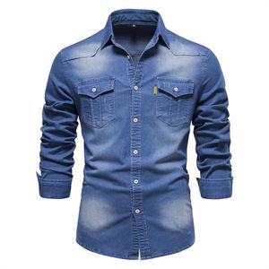 Designer denim shirt heren Casual Solid Color Black Navy Blue Slim Men Lange Mouw Shirt Spring Autumn Summer Streetwear S-3XL