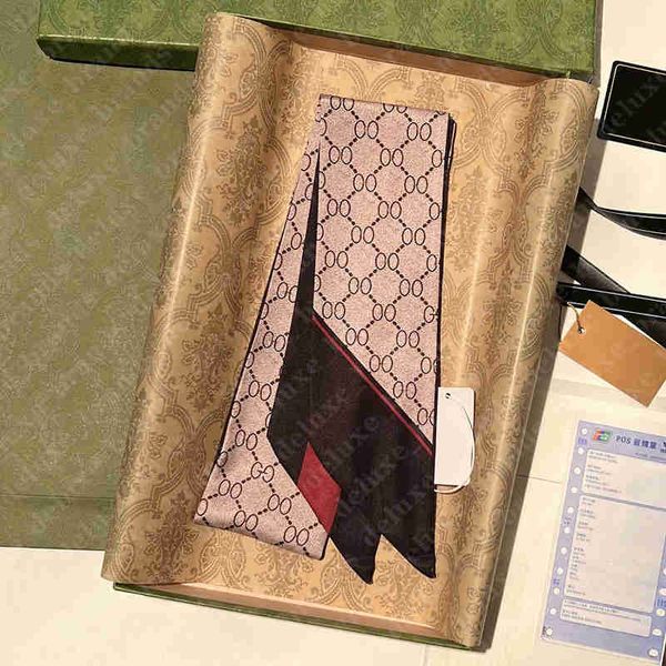 Bufanda de diseñador diseñada para mujer, bufanda de bolso con copia de letra de moda, corbata, paquete de cabello, tamaño del paquete de material 100% seda: 8 * 120