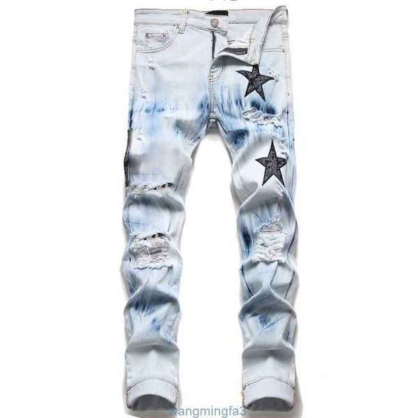 Diseñador Pantalón de diseñador Slim Fit Bordado elástico Moda estilo jean Cat Whisker Blanqueamiento Jeans con agujeros rotos para hombres Mismo estilo Alta calidad JTMR